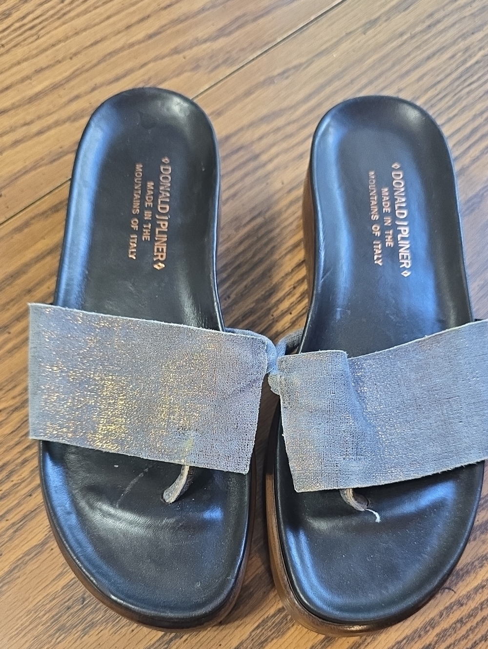 Donald J. Pliner Women’s Black Leather Slides with Metallic Gray Strap
